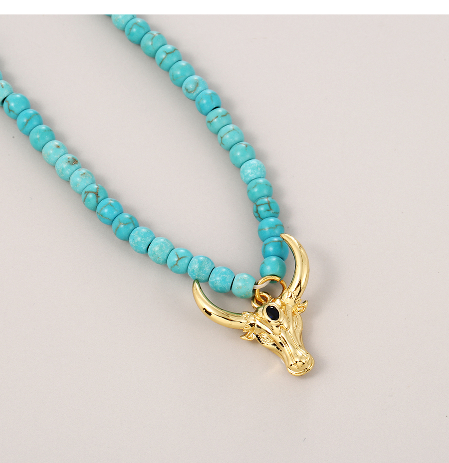 Fashion Lake Blue Copper And Zirconium Beaded Natural Bull Head Necklace,Necklaces