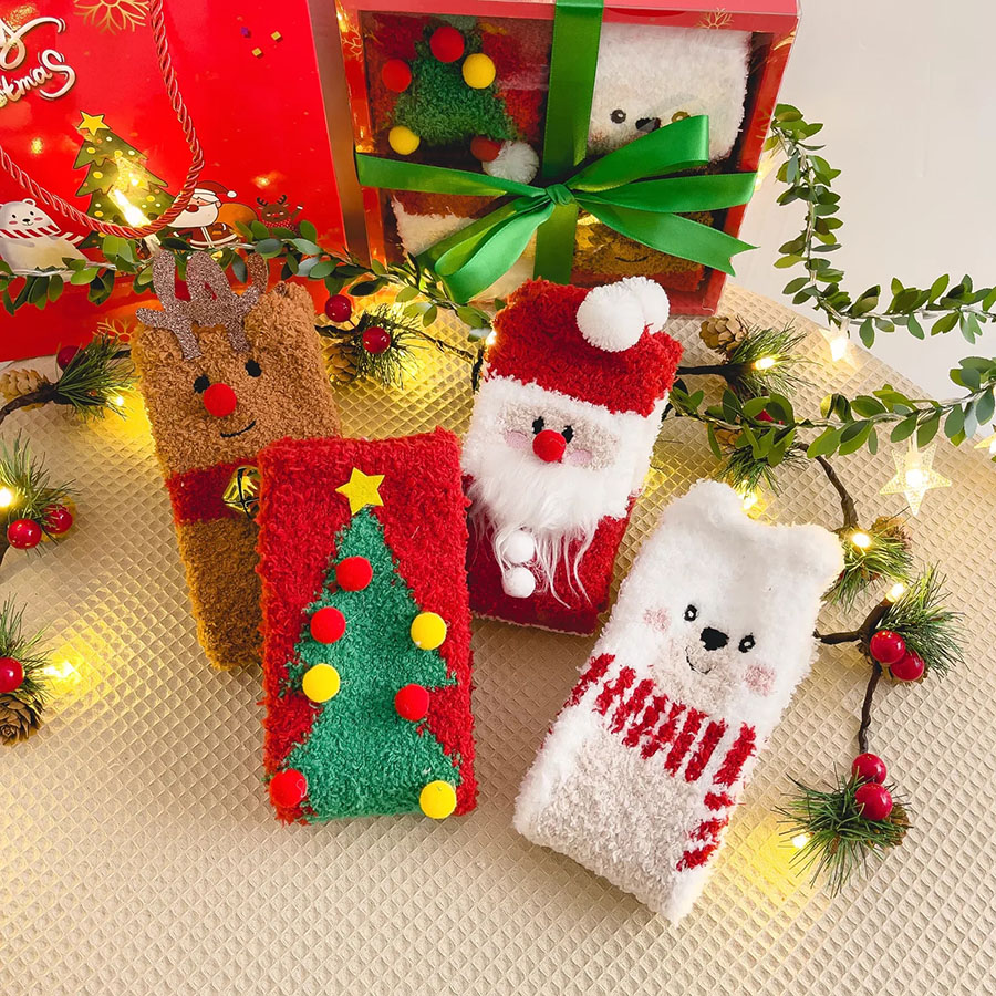Fashion Picture Color 4 Pairs Coral Fleece Christmas Socks Set,Fashion Socks