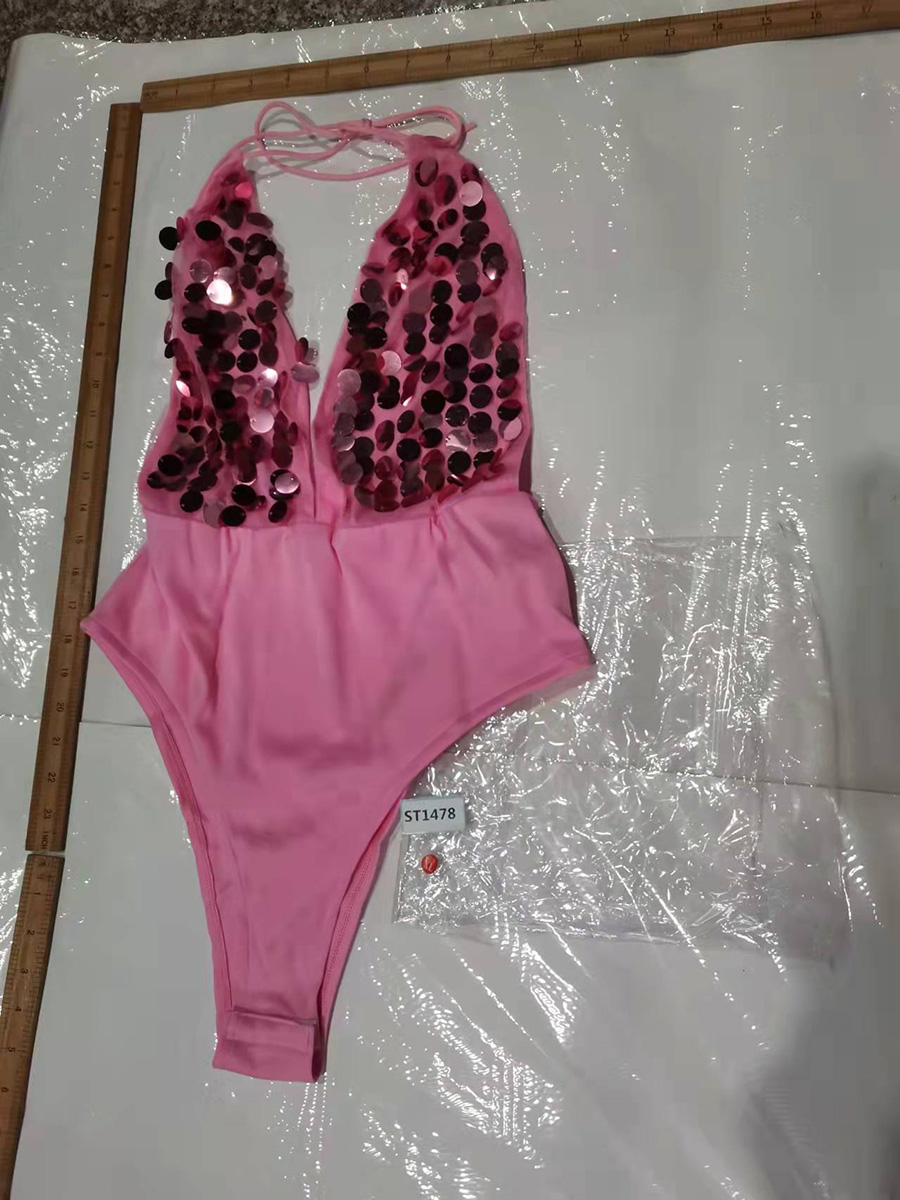 Fashion Pink Sequins L Sequined Tether One-piece Swimsuit,One Pieces