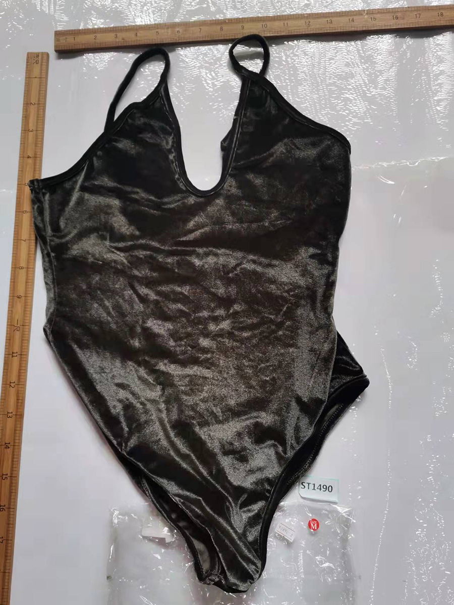 Fashion Black M Velvet Sling Bodysuit,One Pieces