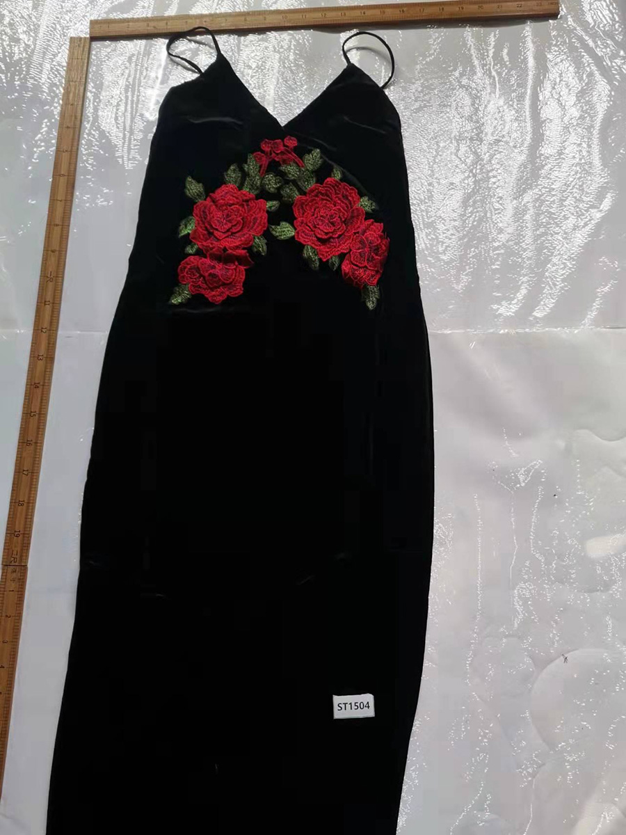 Fashion Black Embroidered V-neck Strap Dress,Long Dress