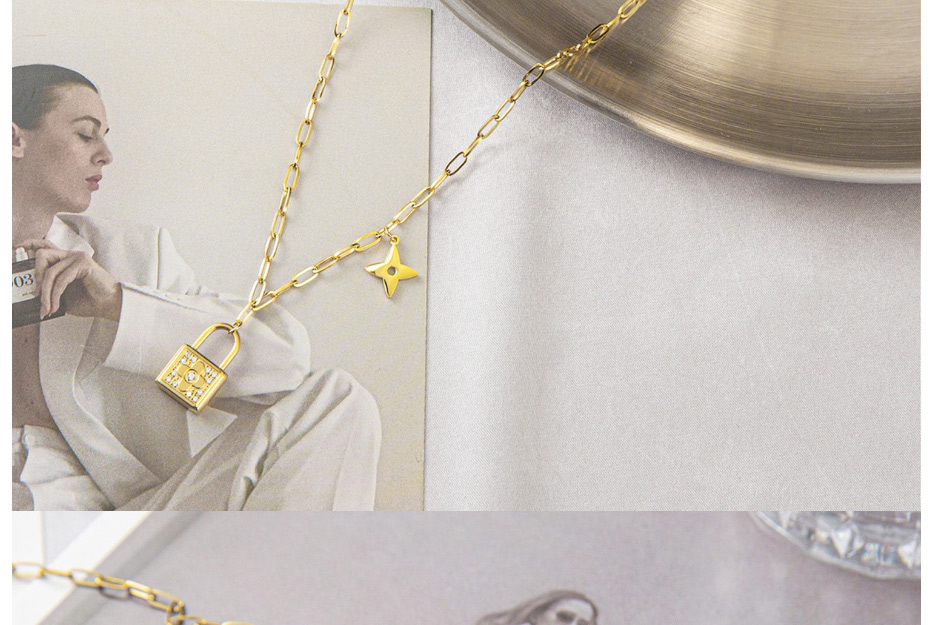 Fashion Gold Titanium Steel Diamond Gold Lock Star Necklace,Necklaces