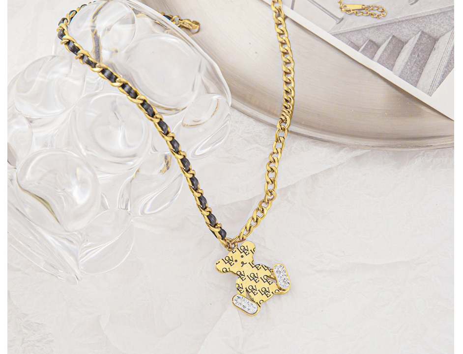 Fashion Gold Titanium Steel Diamond Letter Bear Necklace,Necklaces