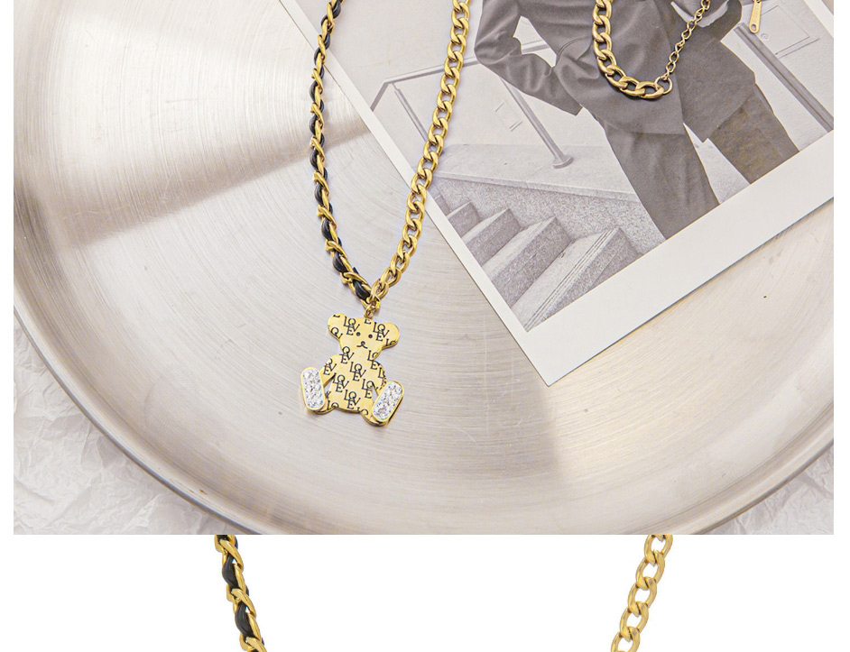 Fashion Gold Titanium Steel Diamond Letter Bear Necklace,Necklaces