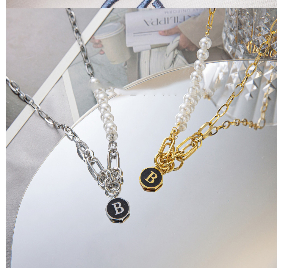 Fashion Steel Color Titanium Steel Letter Brand Pearl Stitching Chain Necklace,Necklaces