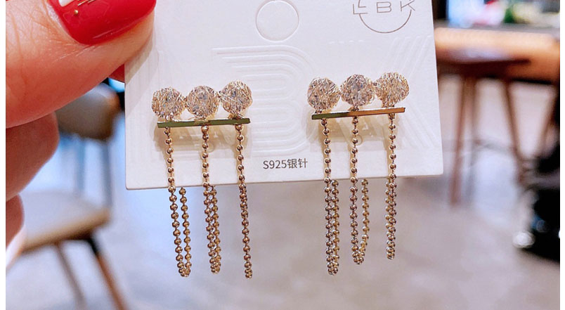 Fashion Gold Copper Inlaid Zirconium Chain Tassel Earrings,Earrings