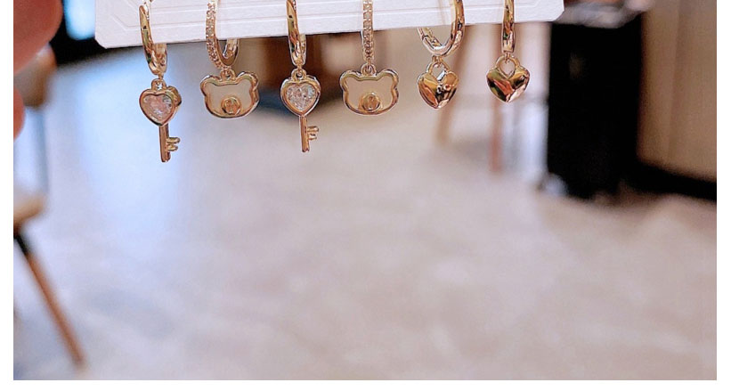 Fashion Gold Copper Inlaid Zirconium Bear Love Key Earring Set,Earring Set