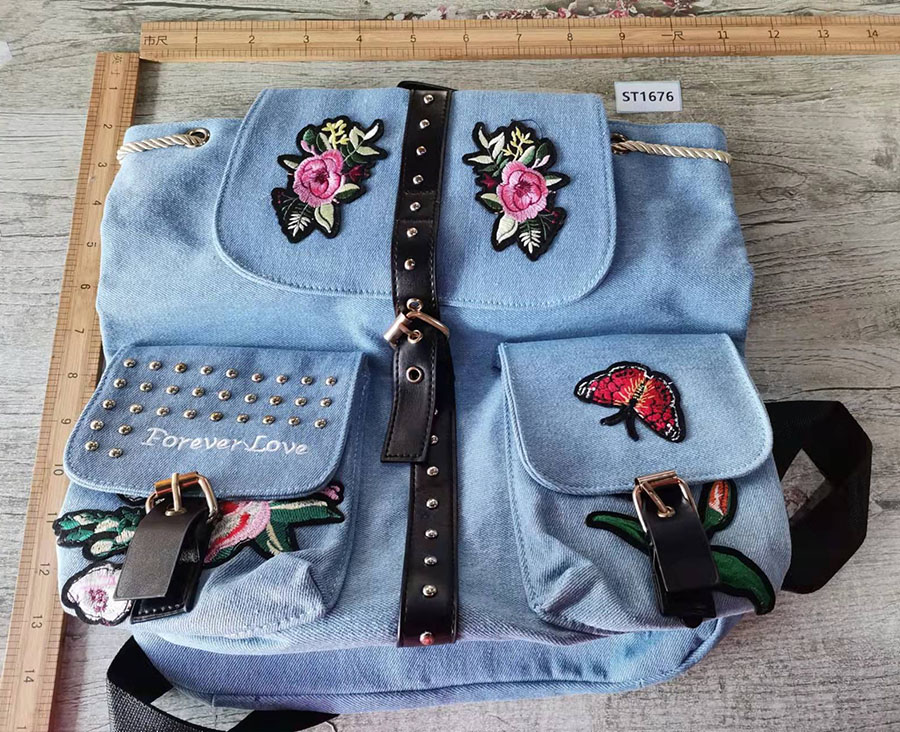 Fashion Blue Denim Embroidered Large Capacity Backpack,Backpack