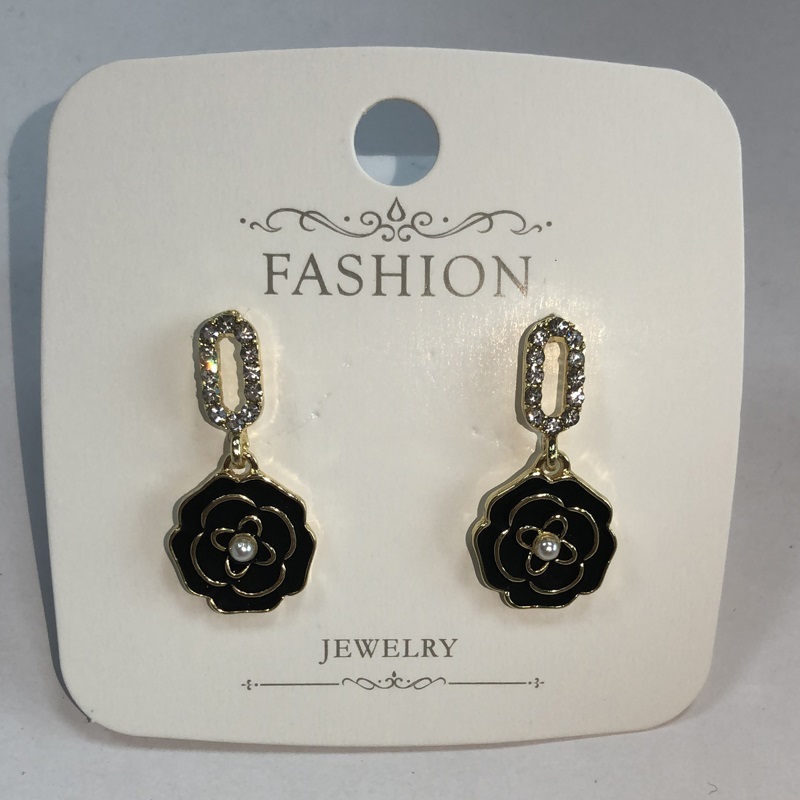 Fashion Black Alloy Diamond Pearl Drop Oil Camellia Stud Earrings,Stud Earrings