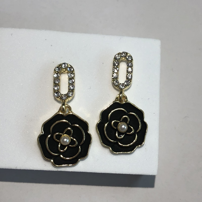 Fashion Black Alloy Diamond Pearl Drop Oil Camellia Stud Earrings,Stud Earrings