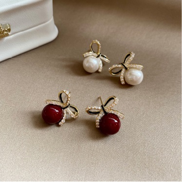 Fashion Red Alloy Diamond Bowknot Ball Stud Earrings,Stud Earrings
