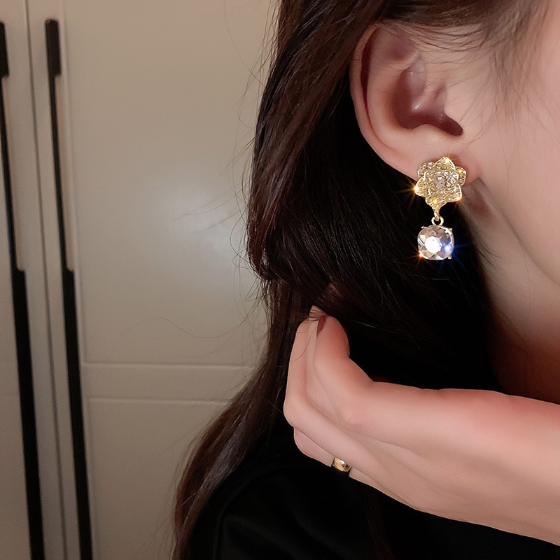 Fashion Gold Alloy Inlaid Square Diamond Camellia Earrings,Stud Earrings