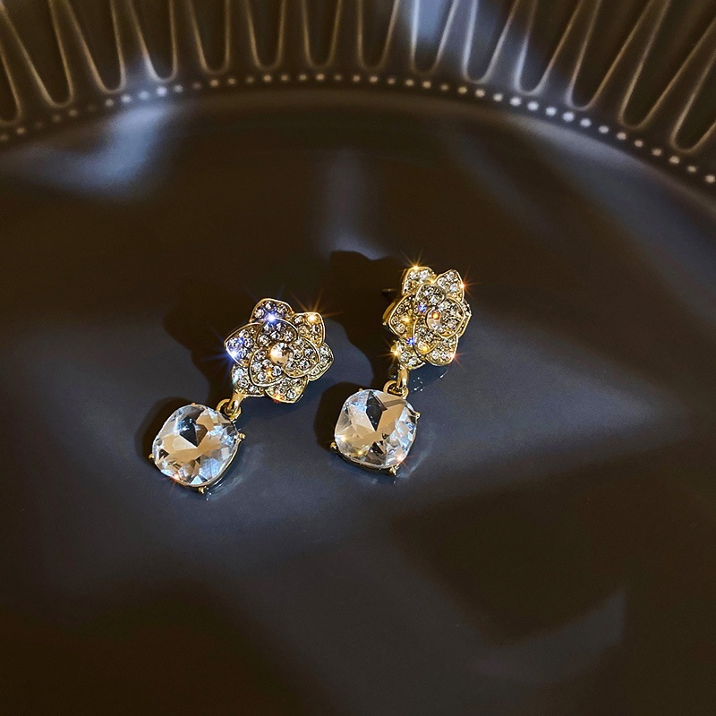 Fashion Gold Alloy Inlaid Square Diamond Camellia Earrings,Stud Earrings