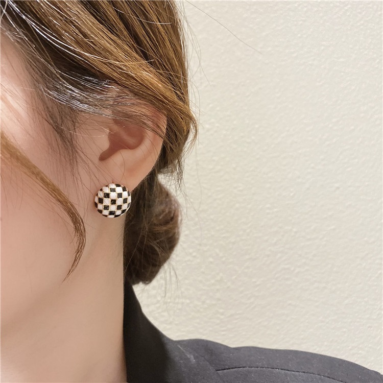 Fashion Lattice Alloy Checkerboard Round Earrings,Stud Earrings