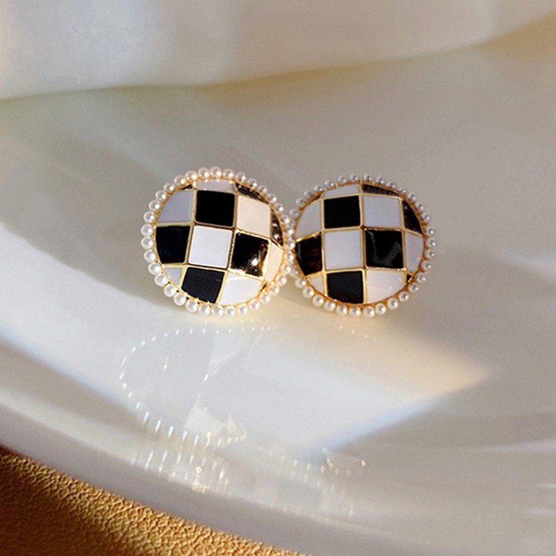 Fashion Lattice Alloy Checkerboard Pearl Stud Earrings,Stud Earrings