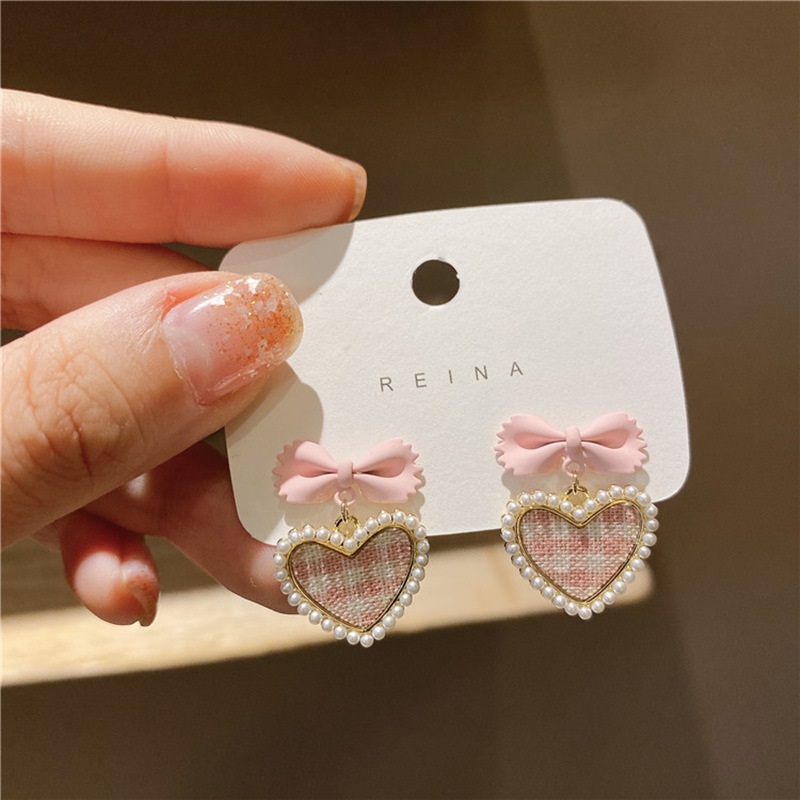 Fashion Pink Alloy Check Heart Bow Earrings,Stud Earrings