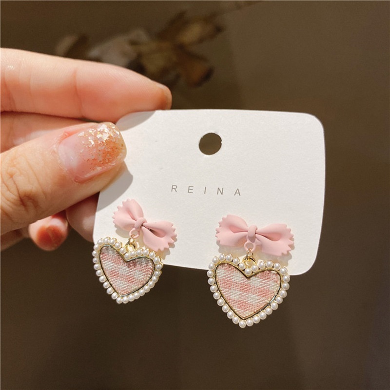 Fashion Pink Alloy Check Heart Bow Earrings,Stud Earrings