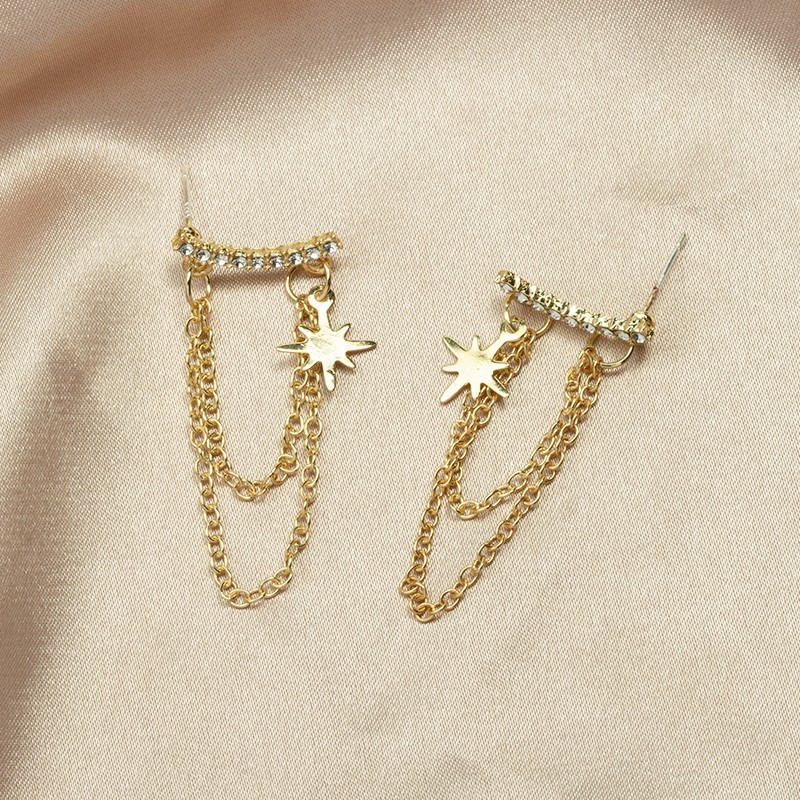 Fashion Gold Alloy Diamond-studded Moon Star Chain Earrings,Drop Earrings