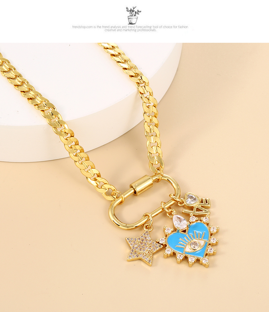 Fashion Blue Copper Inlaid Zirconium Thick Chain Love Heart Eye Letters Paper Clip Necklace,Necklaces