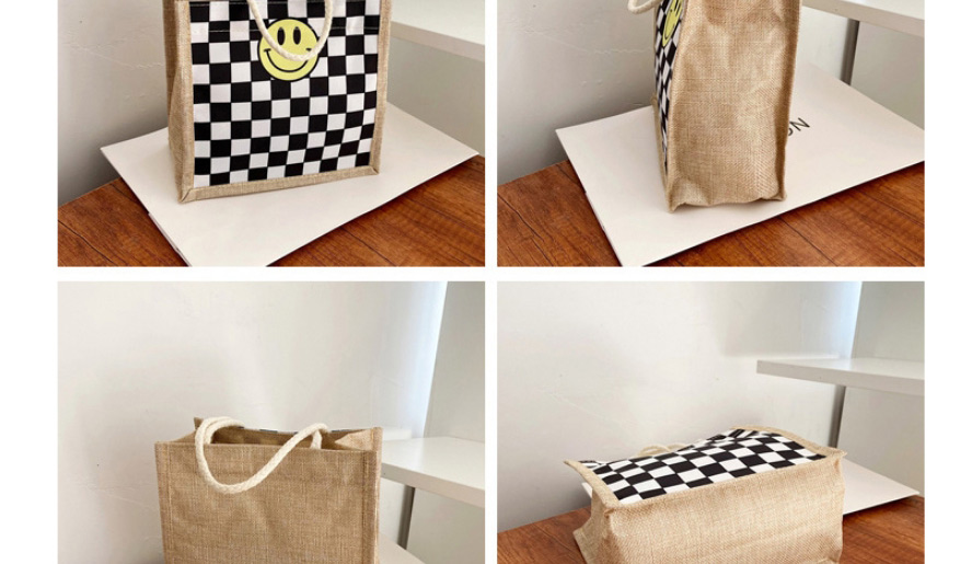 Fashion Green Canvas Checkerboard Smiley Label Large Capacity Tote Bag,Handbags