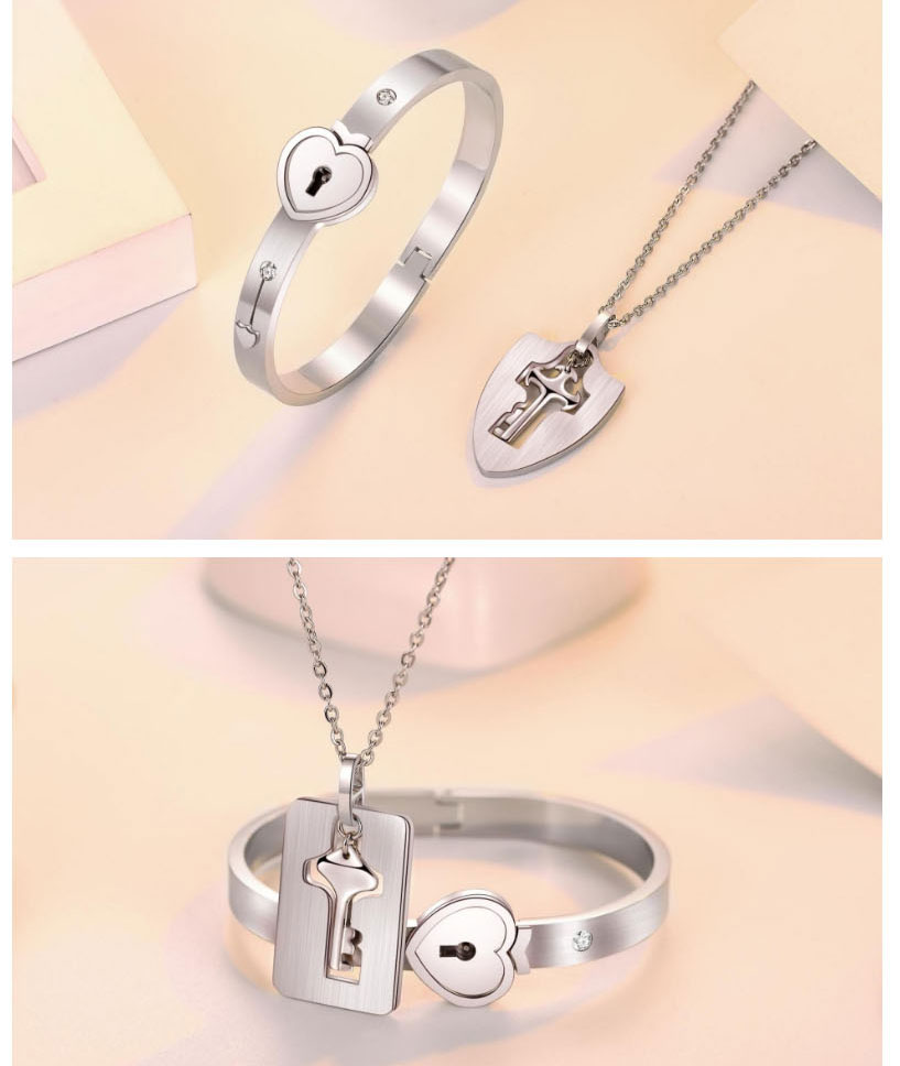 Fashion Little Bear Rose Gold Color Titanium Steel Bear Lock Bracelet Key Set Necklace Set,Jewelry Set