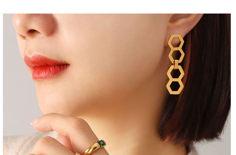 Fashion Gold Coloren Earrings-1.5x4.6cm Stainless Steel Honeycomb Geometric Hollow Stitching Earrings,Earrings
