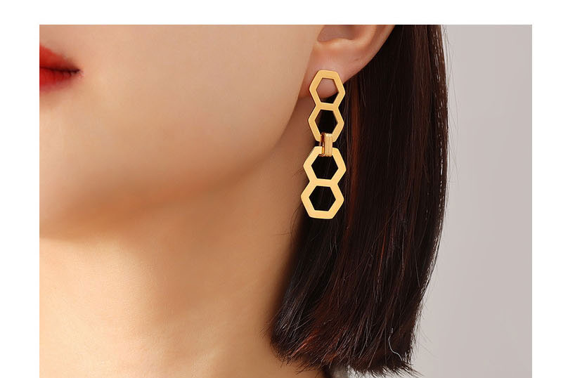 Fashion Gold Coloren Earrings-1.5x4.6cm Stainless Steel Honeycomb Geometric Hollow Stitching Earrings,Earrings