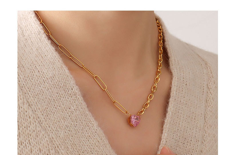 Fashion Gold Coloren Necklace-40+5cm Titanium Steel Inlaid Zirconium Heart Necklace,Rings