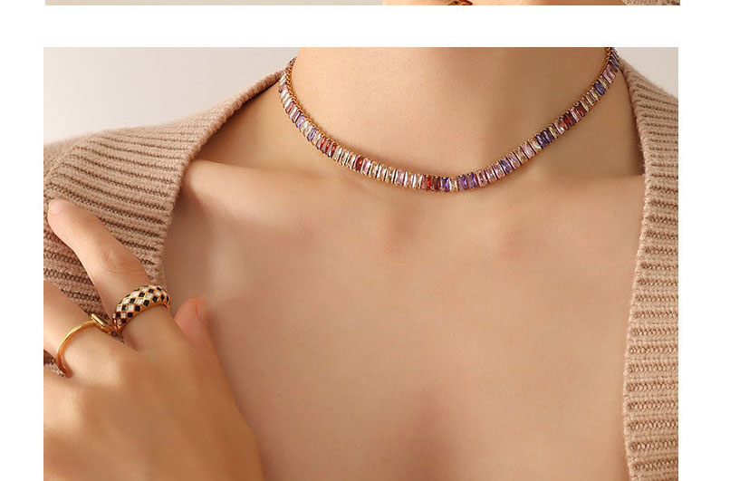 Fashion P1068-purple Zircon Necklace-36cm Titanium Steel Diamond Geometric Necklace,Necklaces
