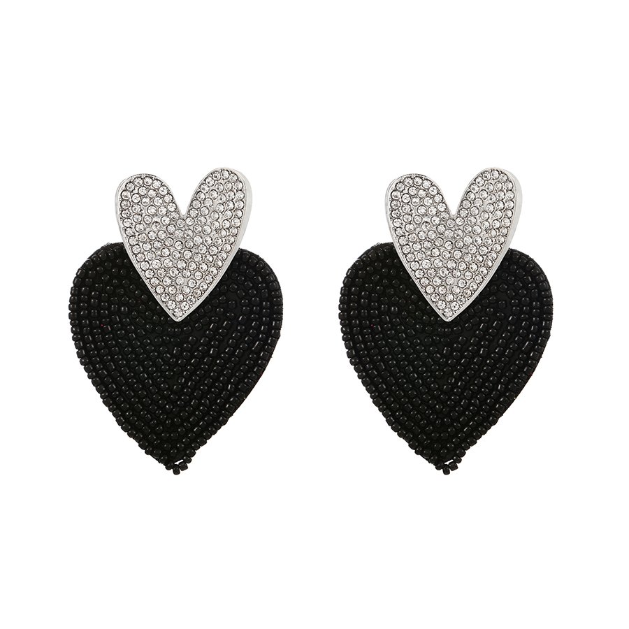 Fashion Black Alloy Diamond Heart Beaded Stud Earrings,Stud Earrings