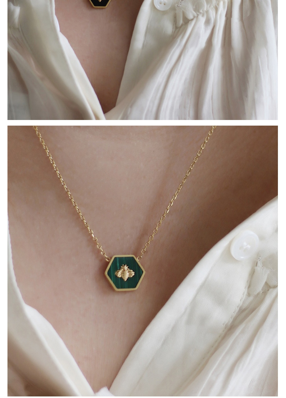 Fashion Green Stripe-bee Titanium Steel Gold-plated Bee Hexagon Necklace,Necklaces