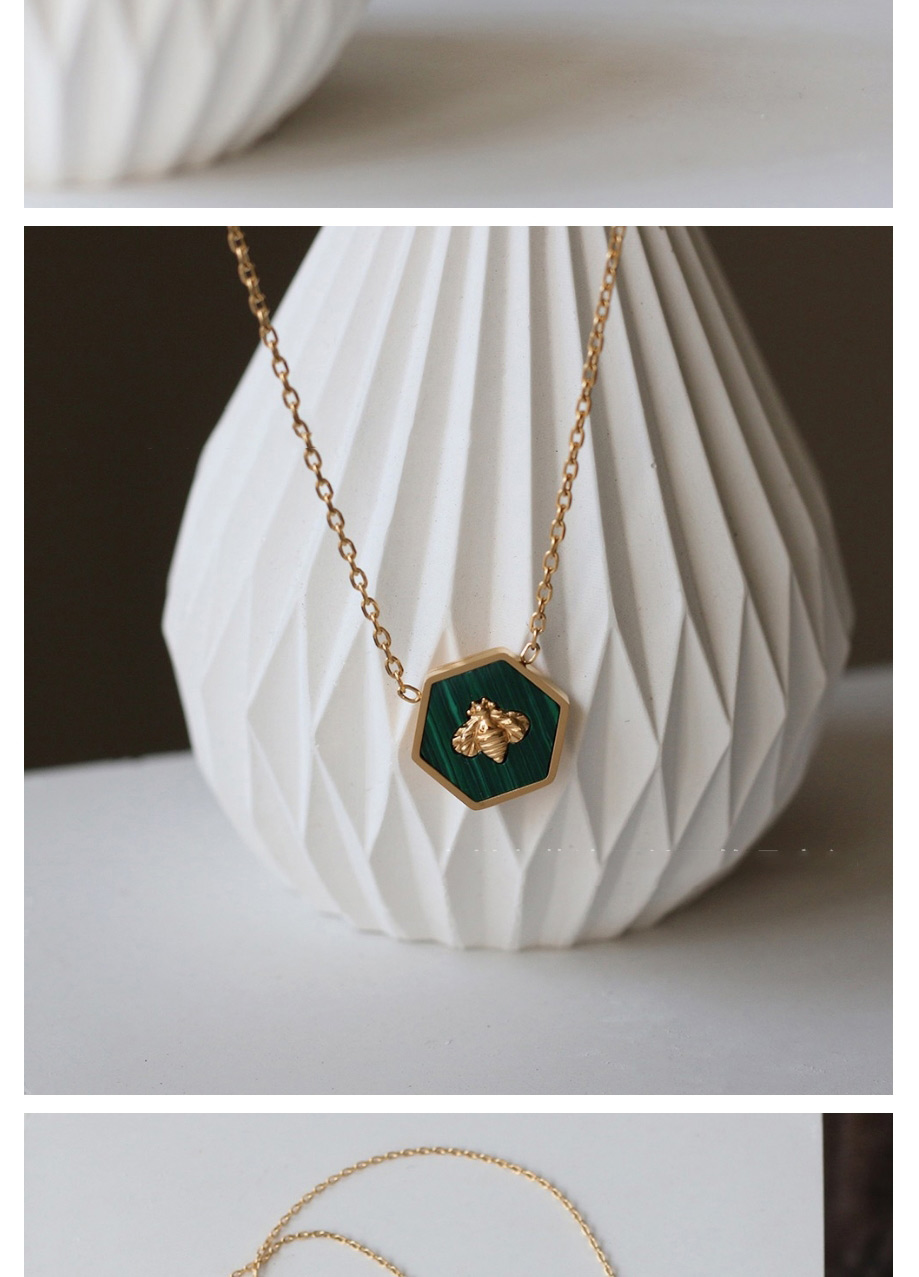 Fashion Green Stripe-bee Titanium Steel Gold-plated Bee Hexagon Necklace,Necklaces