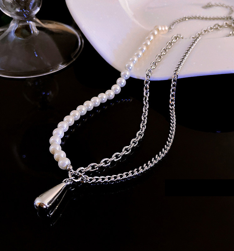 Fashion Main Color Alloy Pearl Beaded Splicing Chain Asymmetrical Necklace,Pendants