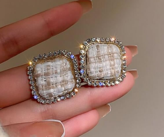 Fashion White Alloy Diamond Check Square Earrings,Stud Earrings
