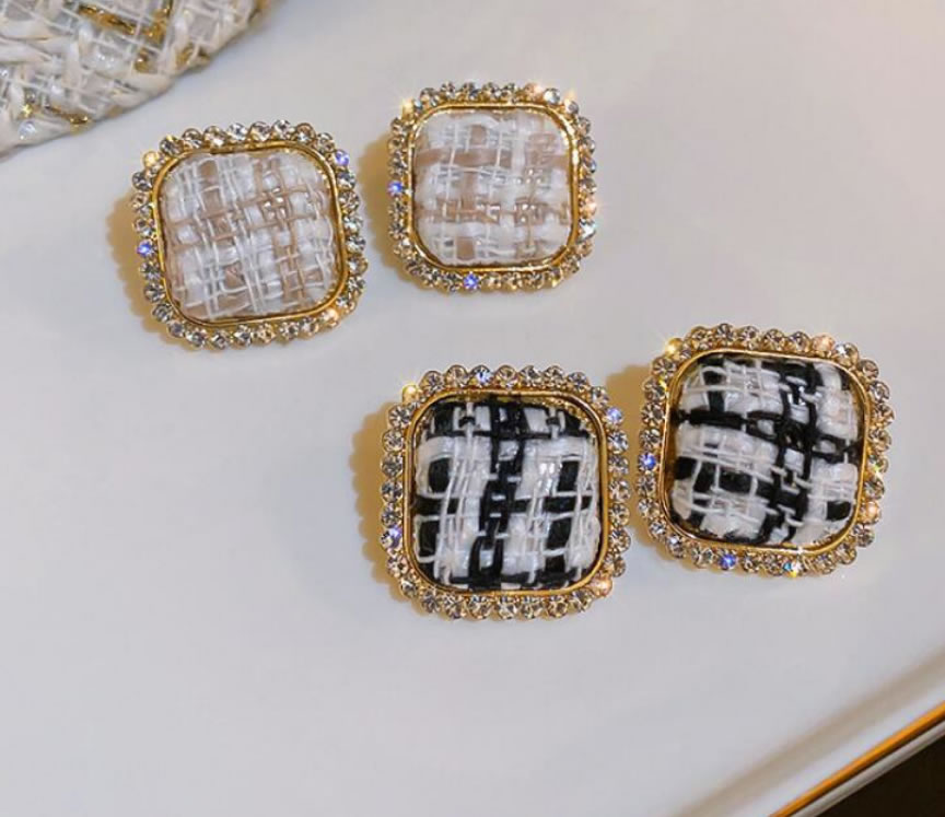 Fashion Black Alloy Diamond Check Square Earrings,Stud Earrings
