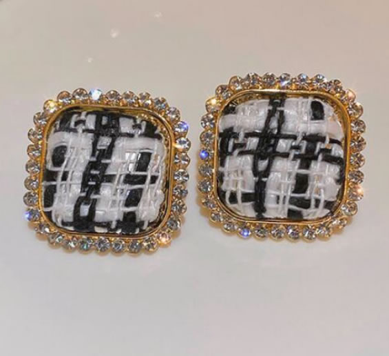 Fashion Black Alloy Diamond Check Square Earrings,Stud Earrings