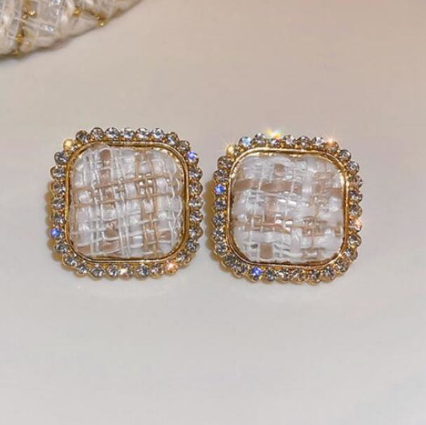 Fashion White Alloy Diamond Check Square Earrings,Stud Earrings