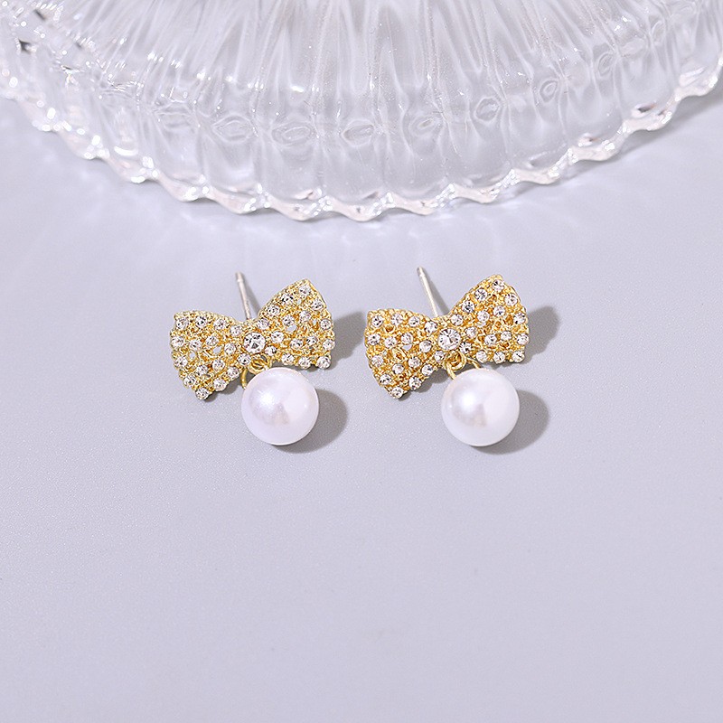 Fashion Gold Color Alloy Diamond Bow Pearl Stud Earrings,Stud Earrings