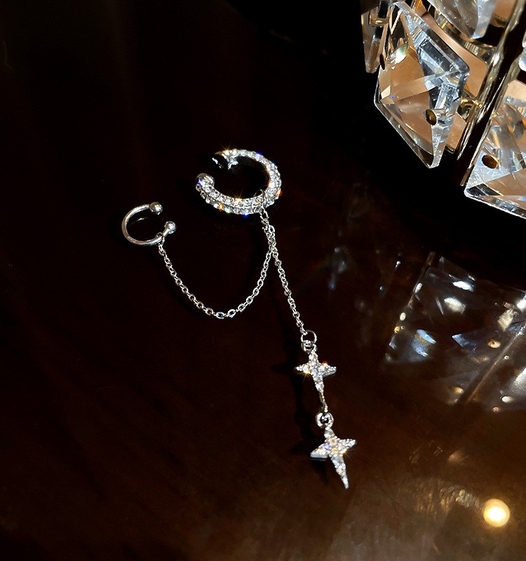 Fashion Silver Color Alloy Diamond Star Tassel Geometric Ear Clamp,Clip & Cuff Earrings
