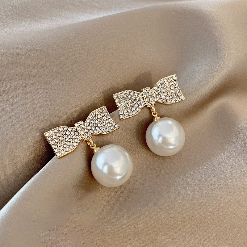 Fashion Gold Color Alloy Diamond Bow Pearl Stud Earrings,Stud Earrings