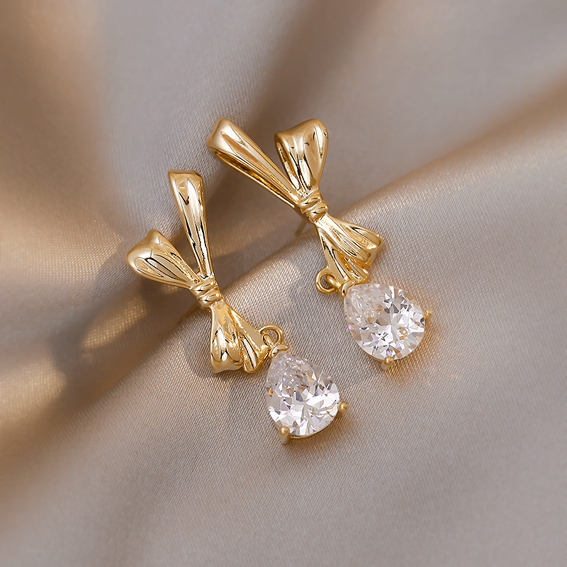 Fashion Gold Color Alloy Inlaid Drop Diamond Bow Stud Earrings,Stud Earrings
