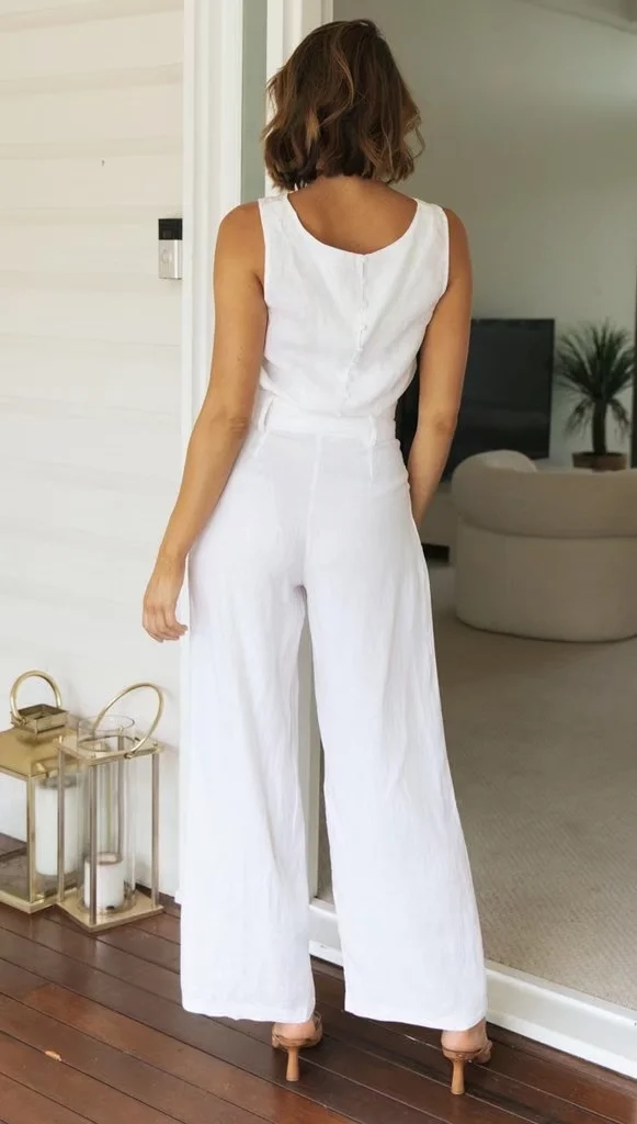Fashion White Cotton Linen Sleeveless Vest And Tie Trousers,Tank Tops & Camis