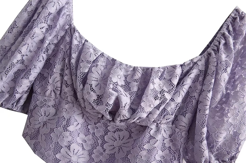 Fashion Purple Lace Square Neck Blouse Smocked Skirt Suit,Tank Tops & Camis