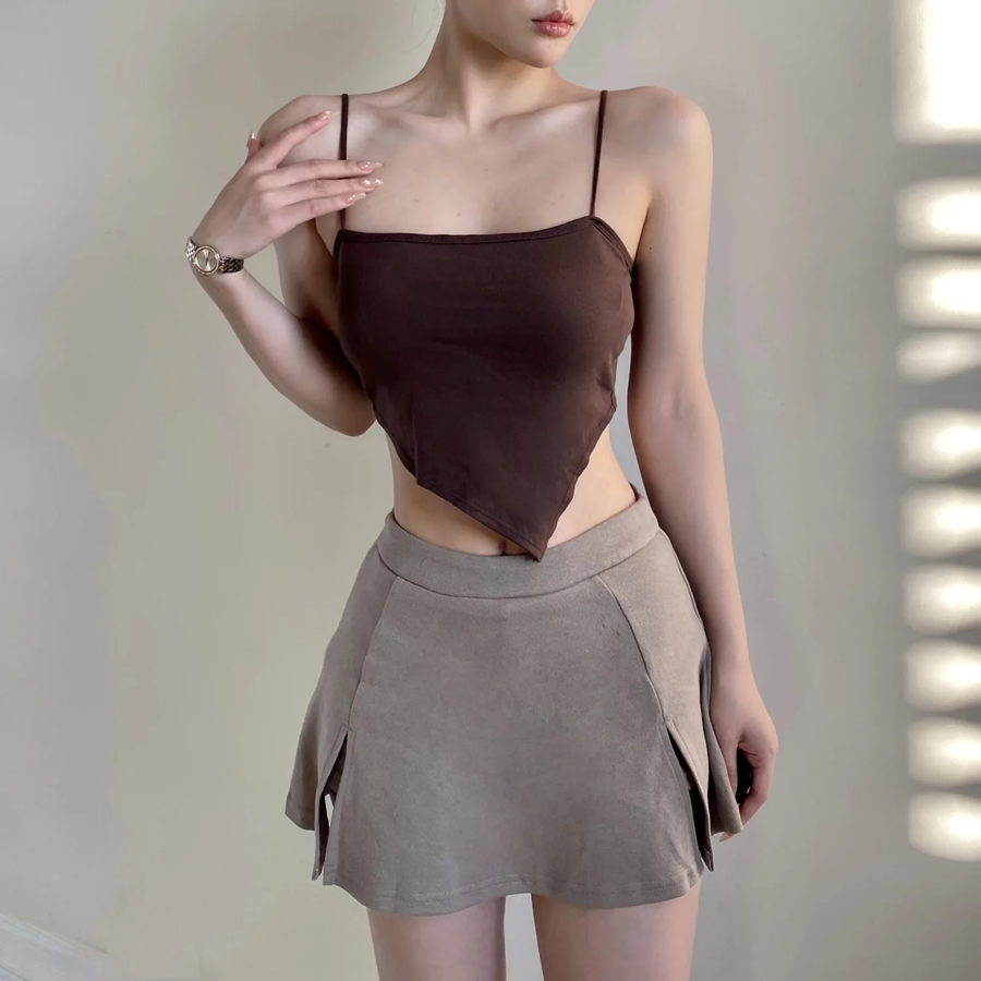 Fashion Beige Cotton Geometric Irregular Sling,Tank Tops & Camis