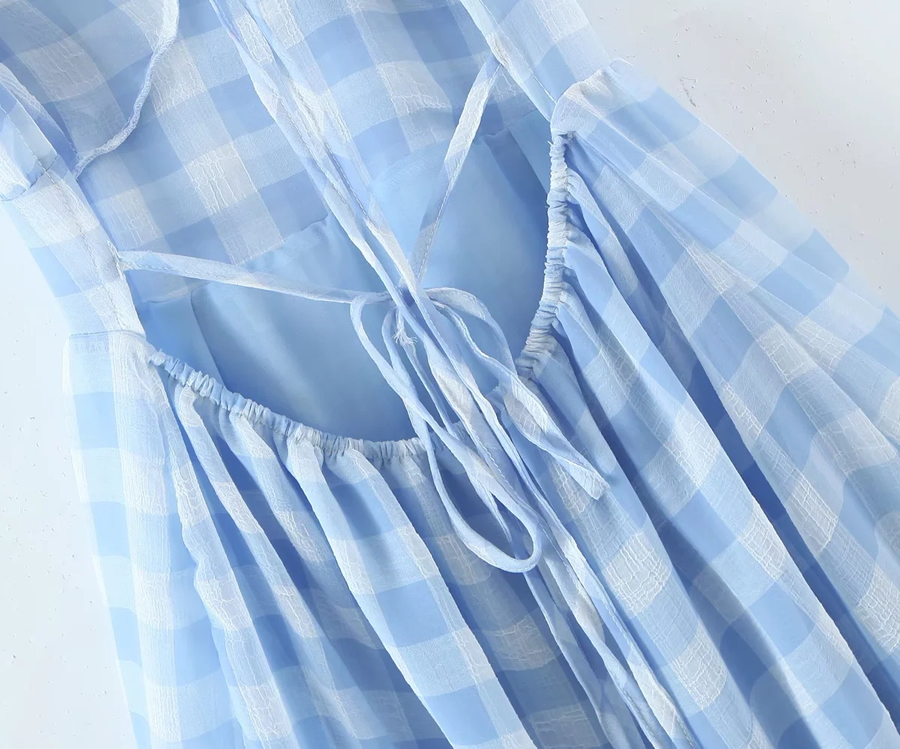 Fashion Blue Check Puff Sleeve Lapel Dress,Mini & Short Dresses