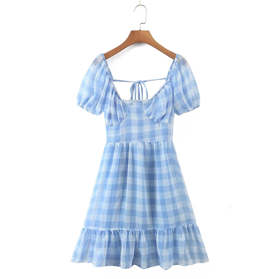 Fashion Blue Check Puff Sleeve Lapel Dress,Mini & Short Dresses