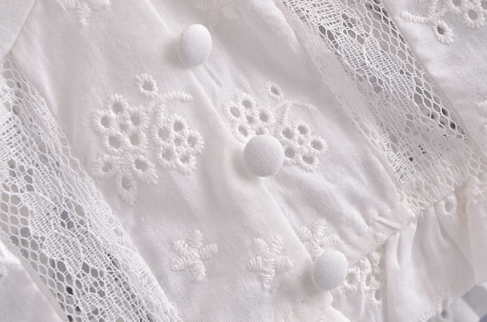 Fashion White Lace Embroidery Tie Puff Sleeve Top,Blouses