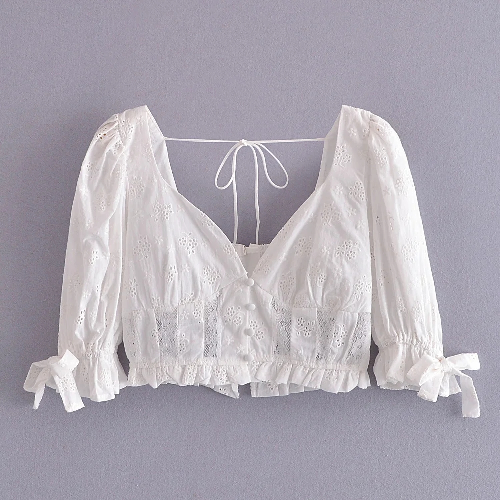 Fashion White Lace Embroidery Tie Puff Sleeve Top,Blouses