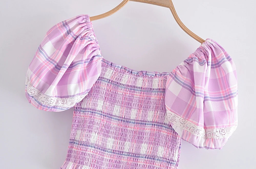 Fashion Pink Plaid Pleated Square Neck Puff Sleeve Top,Blouses