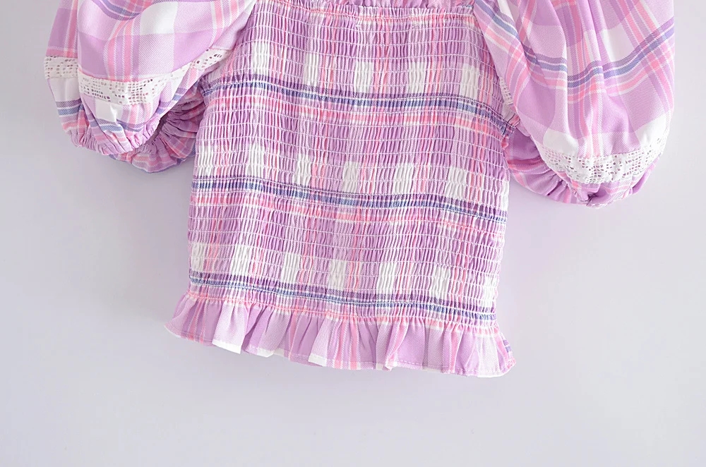 Fashion Pink Plaid Pleated Square Neck Puff Sleeve Top,Blouses